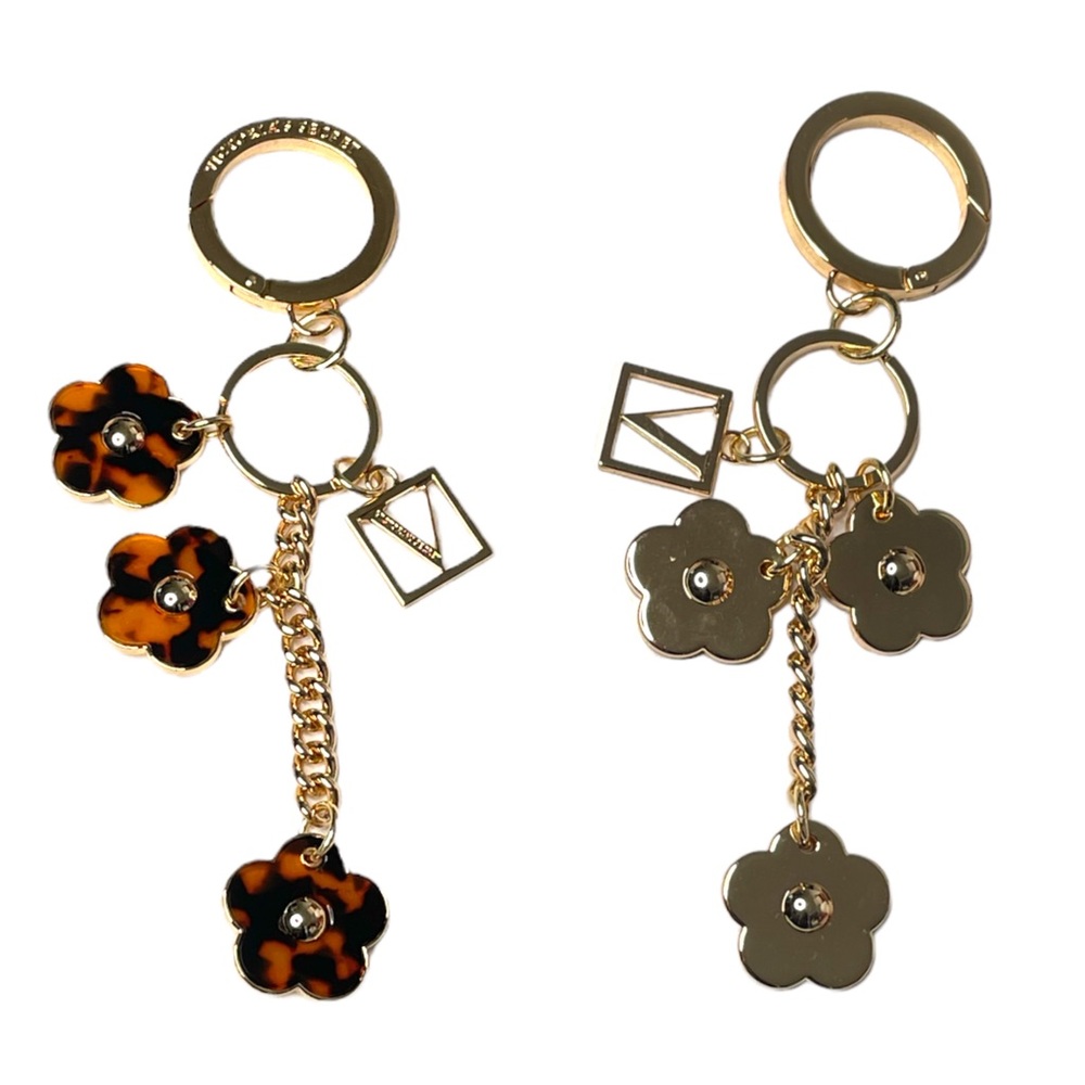 Victoria’s Secret Logo and Flowers Key Fob Keychain 
Pink Gold Tortoise Shell